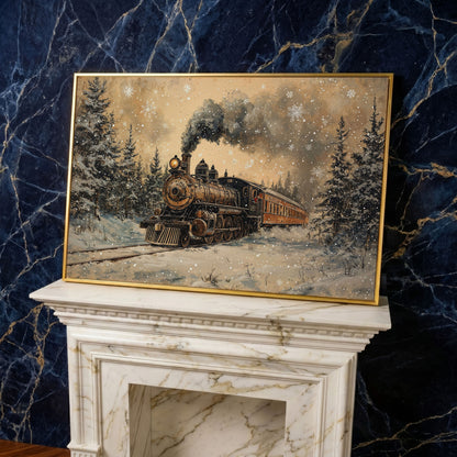 Vintage Christmas Train Winter Landscape Canvas in yellow gold floating frame