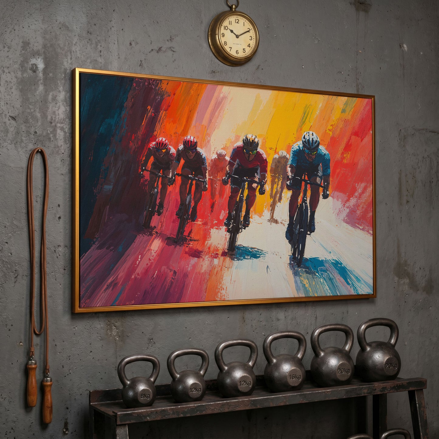 Colorful Cyclists Canvas Print - Abstract Sports Art in antique gold floating frame