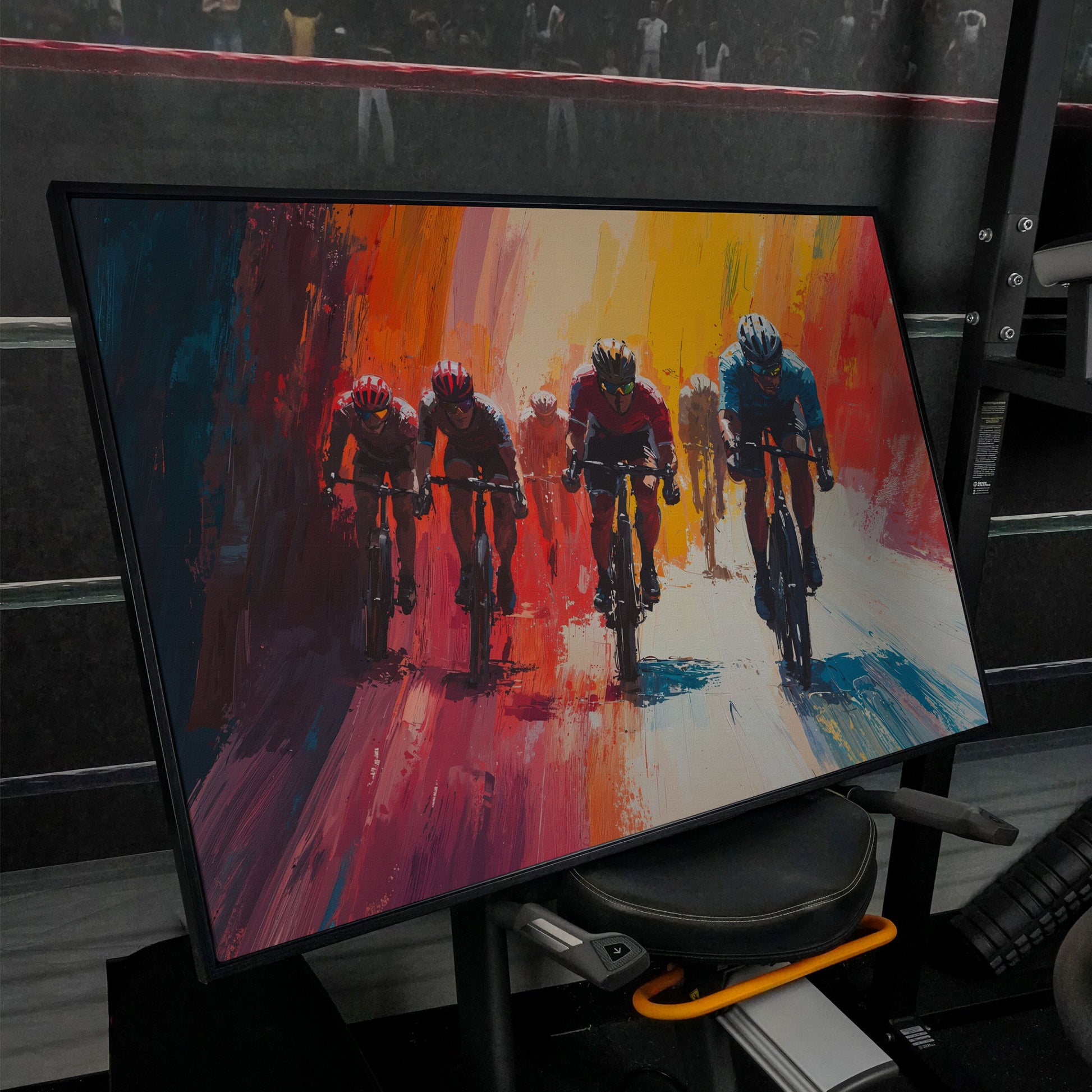 Colorful Cyclists Canvas Print - Abstract Sports Art in black floating frame