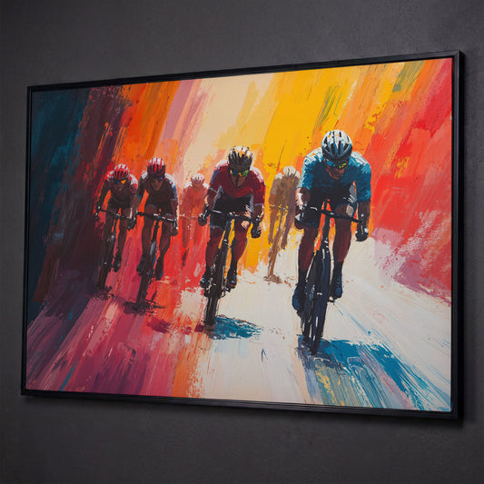 Colorful Cyclists Canvas Print - Abstract Sports Art shown in black floating frame