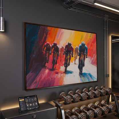 Colorful Cyclists Canvas Print - Abstract Sports Art in dark walnut floating frame