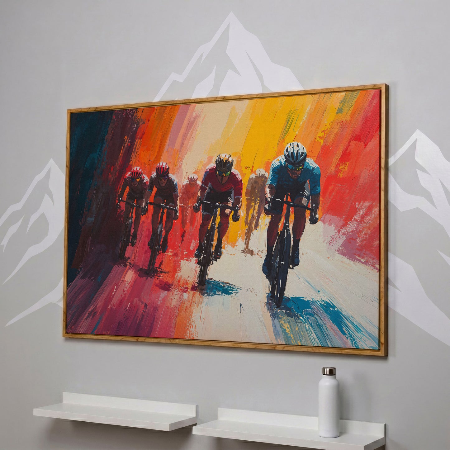 Colorful Cyclists Canvas Print - Abstract Sports Art in white oak floating frame