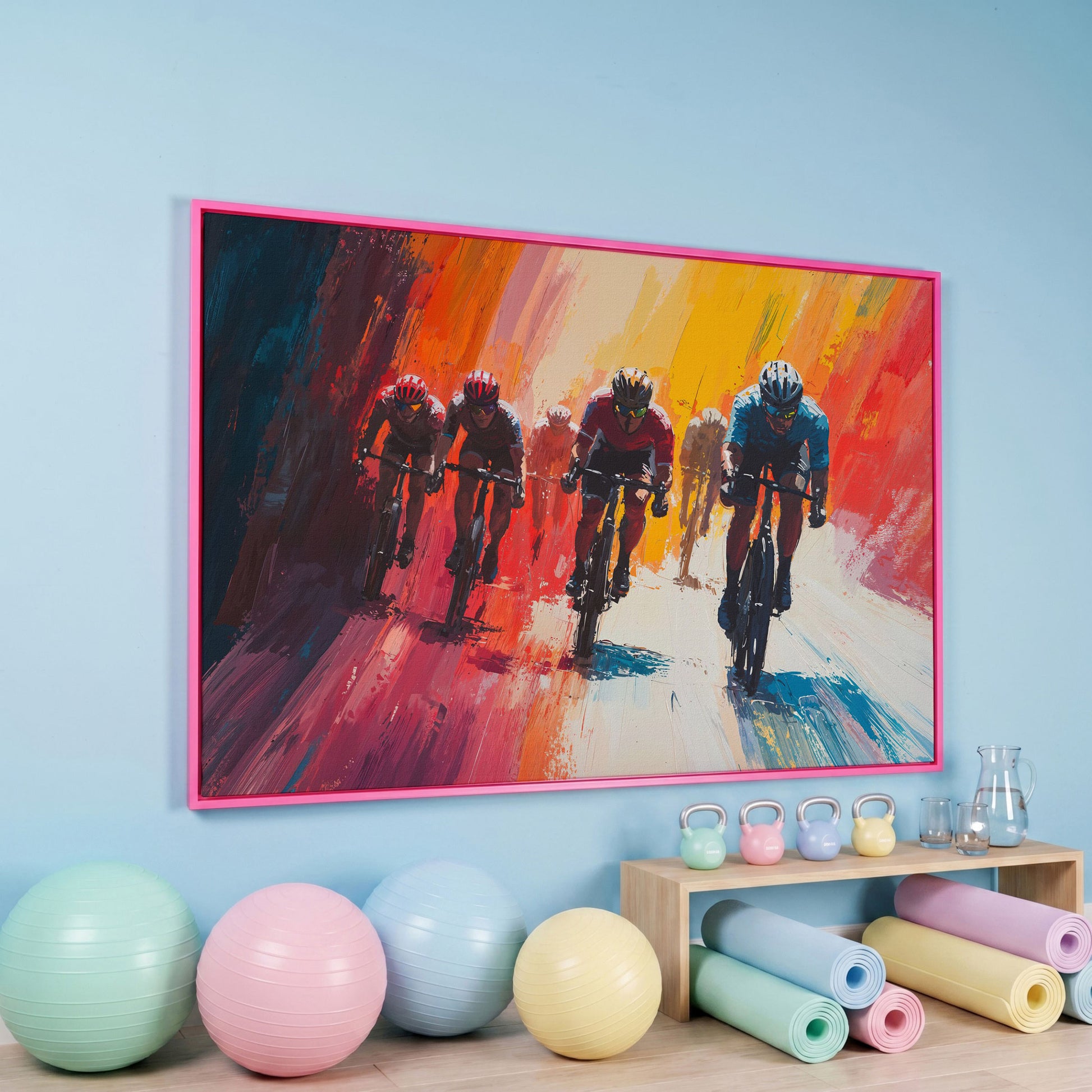 Colorful Cyclists Canvas Print - Abstract Sports Art in pink floating frame