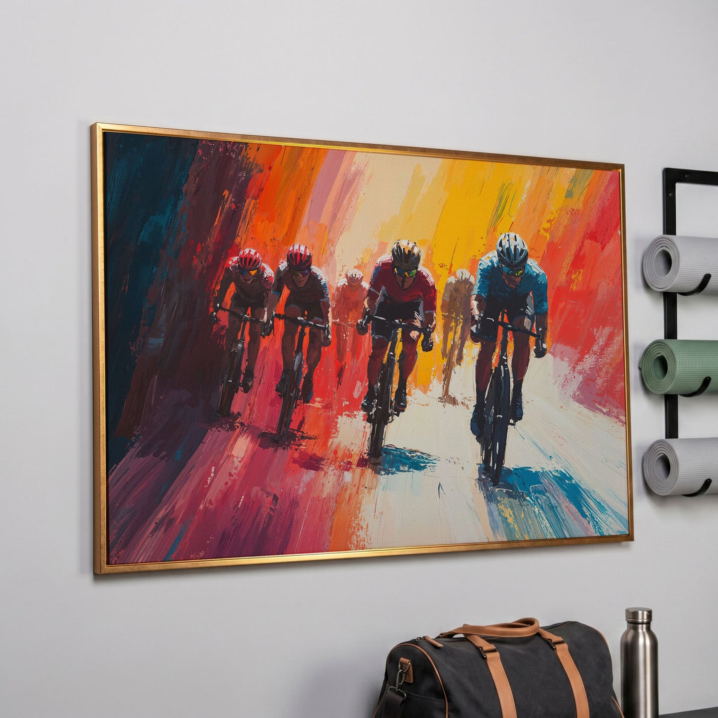 Colorful Cyclists Canvas Print - Abstract Sports Art in rose gold floating frame