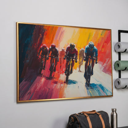 Colorful Cyclists Canvas Print - Abstract Sports Art in rose gold floating frame