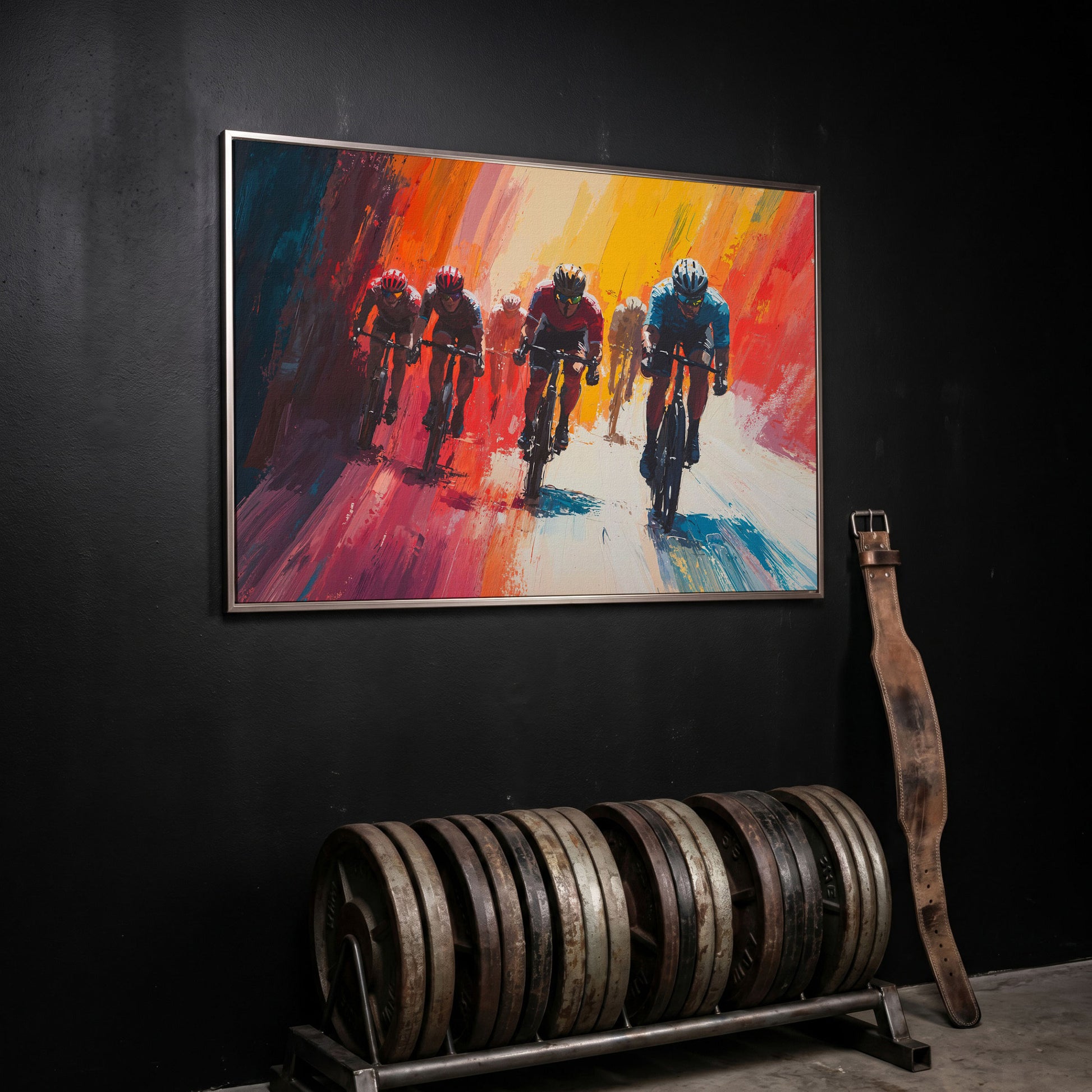 Colorful Cyclists Canvas Print - Abstract Sports Art in silver floating frame