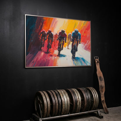 Colorful Cyclists Canvas Print - Abstract Sports Art in silver floating frame