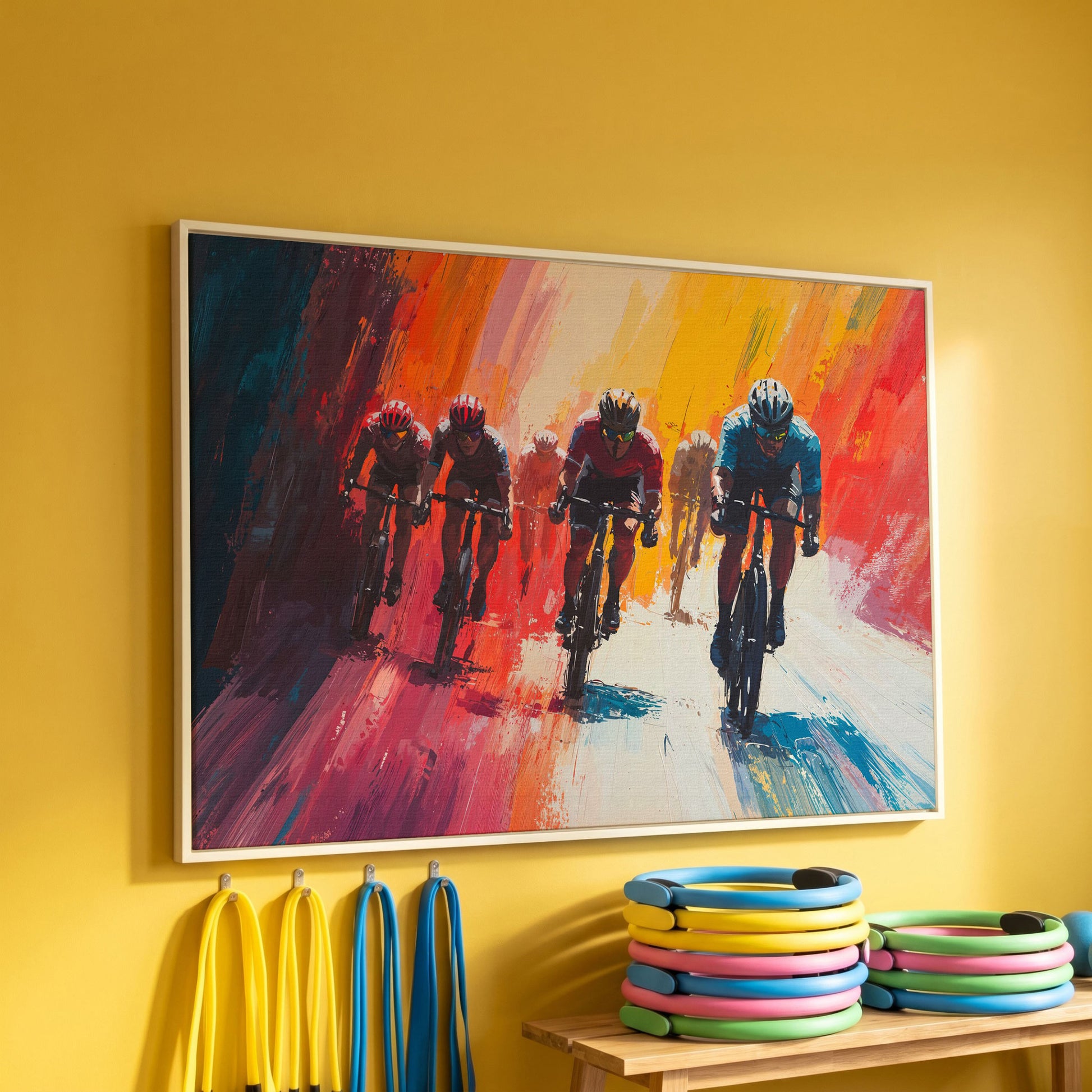 Colorful Cyclists Canvas Print - Abstract Sports Art in white floating frame