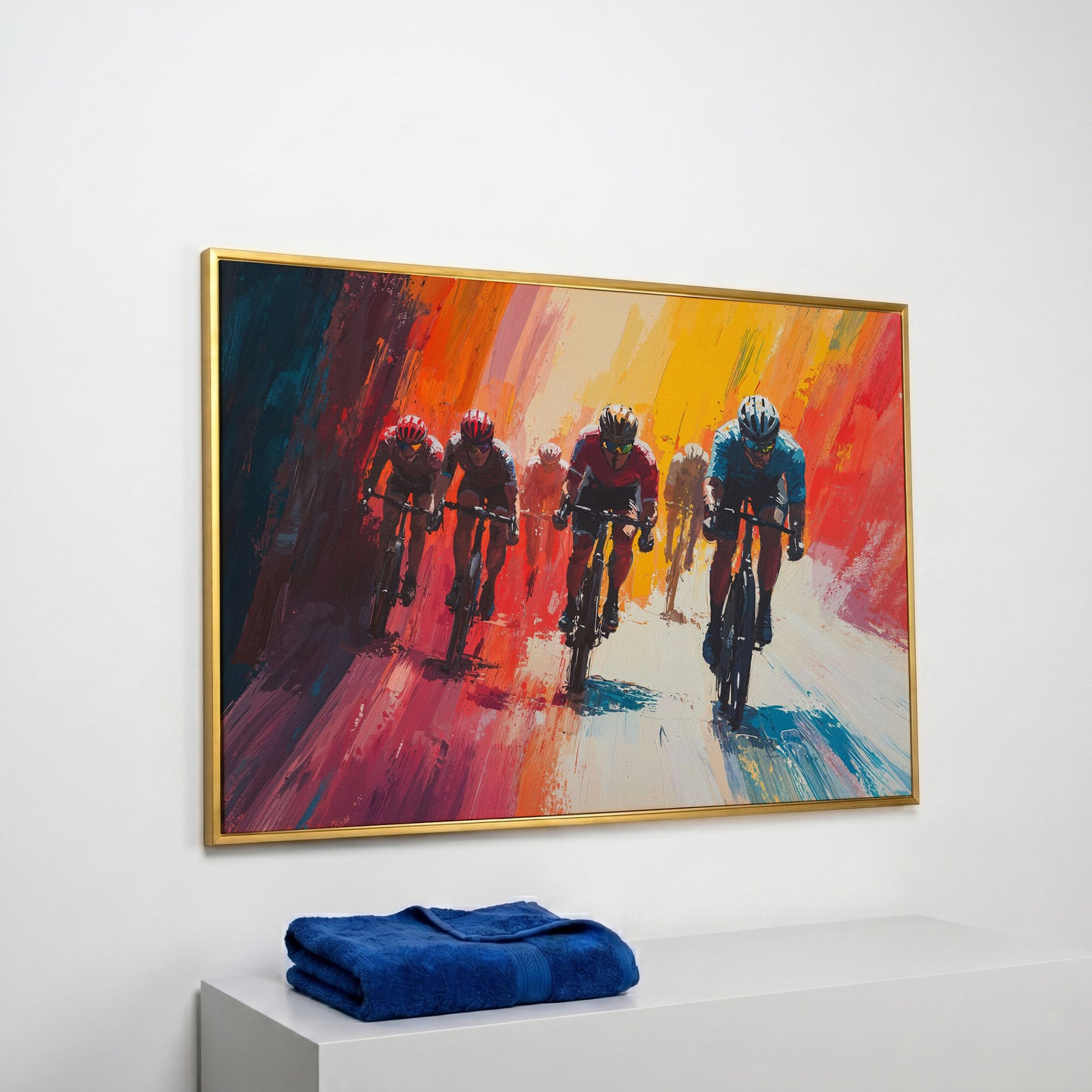 Colorful Cyclists Canvas Print - Abstract Sports Art in yellow gold floating frame