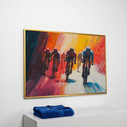 Colorful Cyclists Canvas Print - Abstract Sports Art in yellow gold floating frame