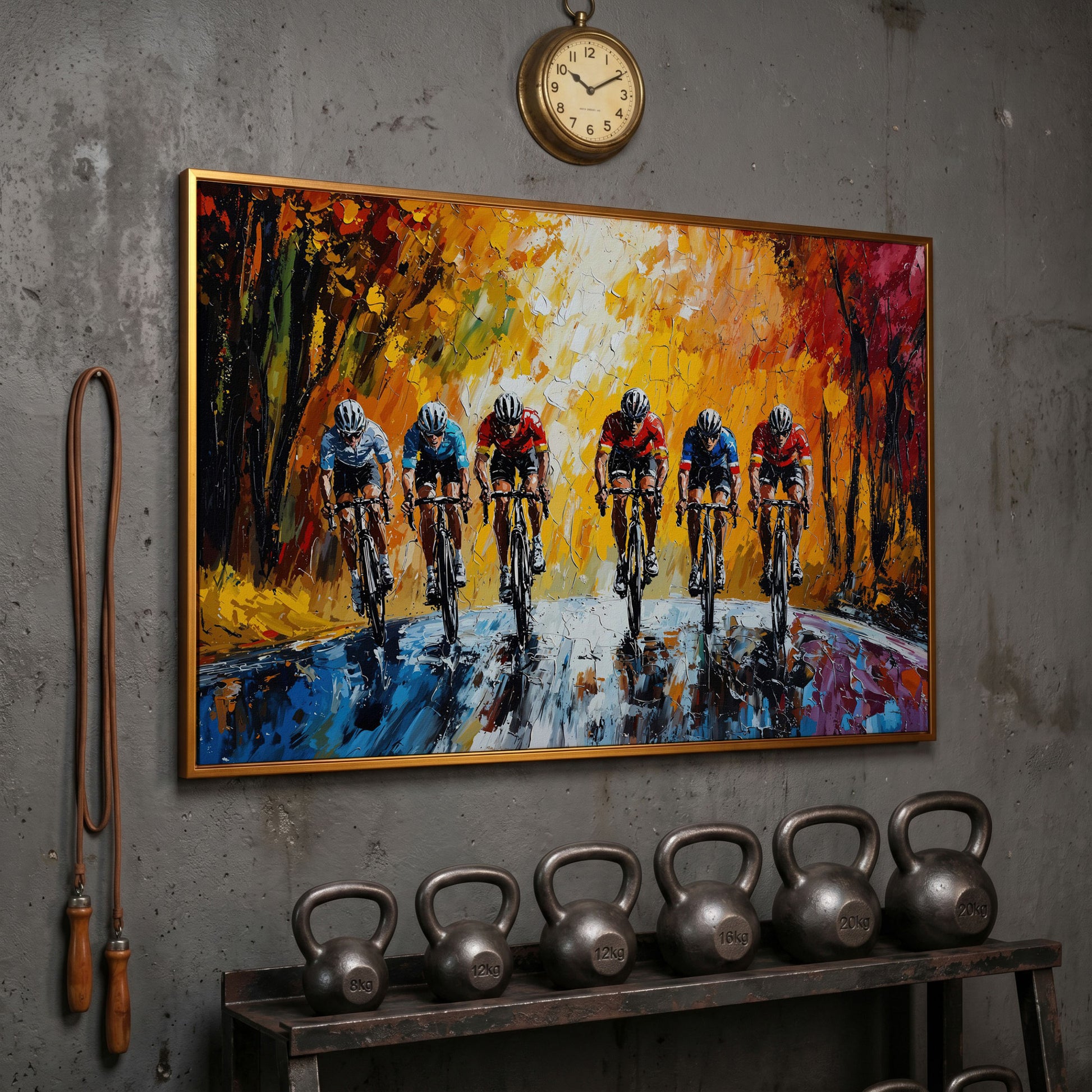 Autumn Cycling Race Canvas Print in antique gold floating frame