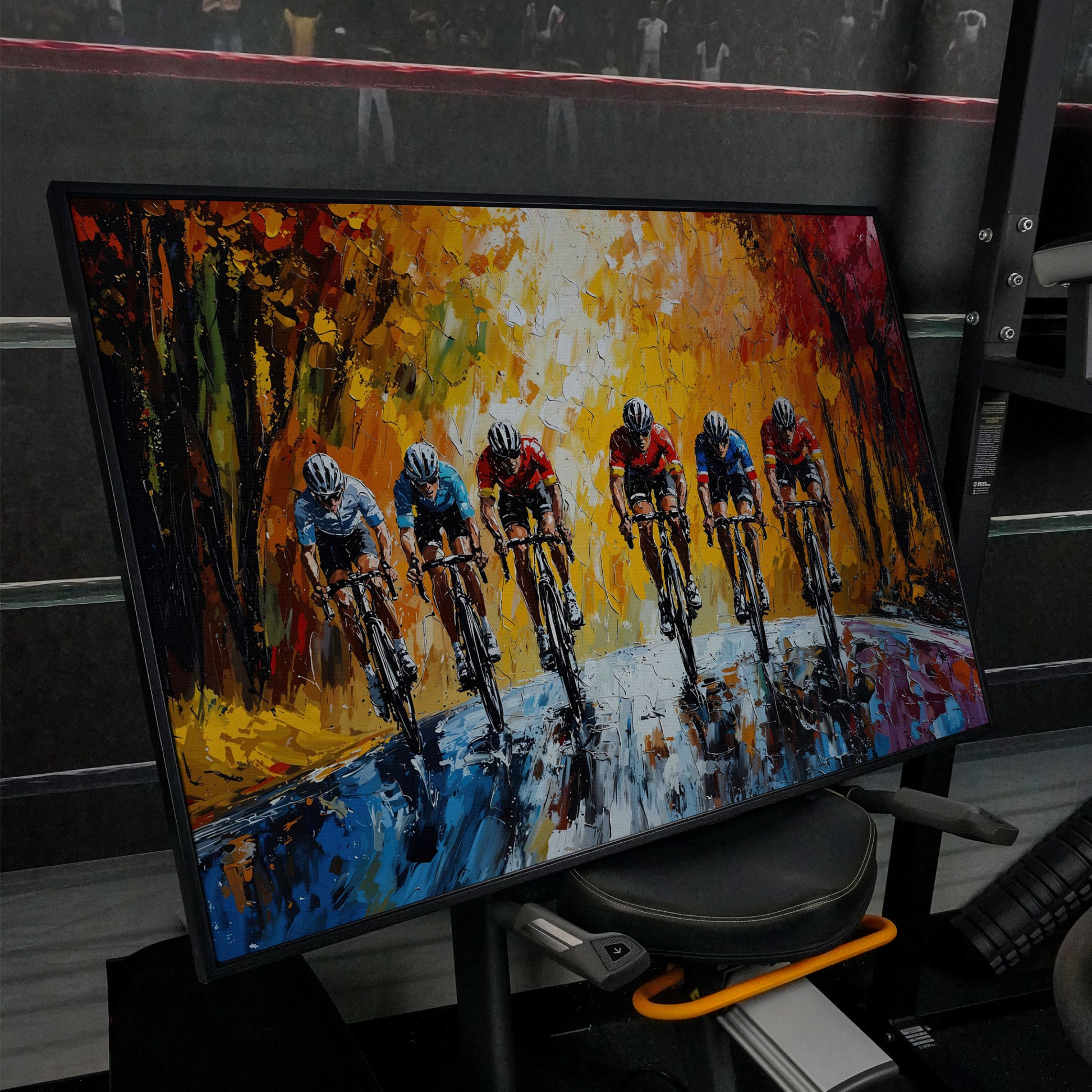 Autumn Cycling Race Canvas Print in black floating frame
