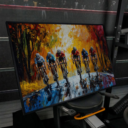 Autumn Cycling Race Canvas Print in black floating frame