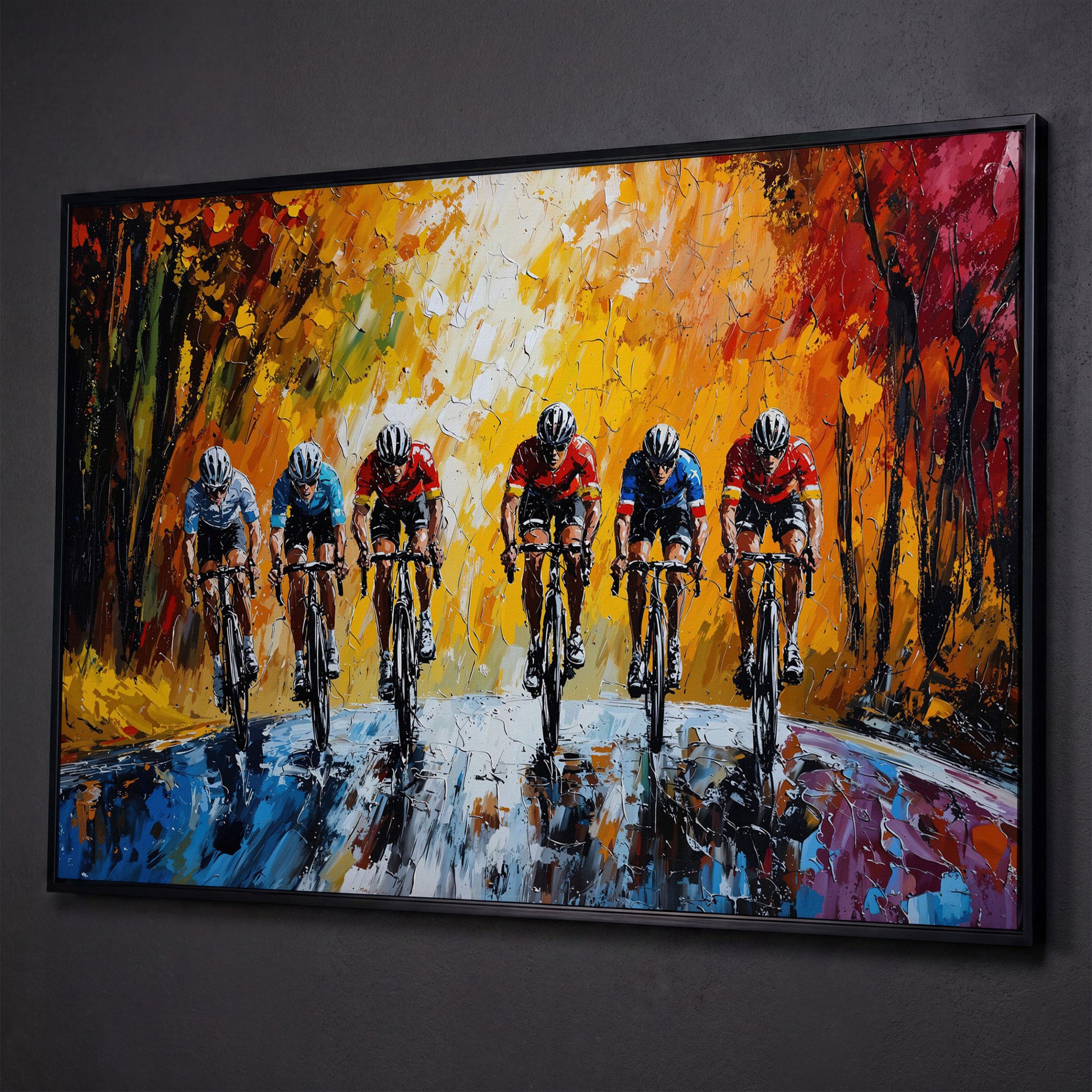 Autumn Cycling Race Canvas Print shown in black floating frame
