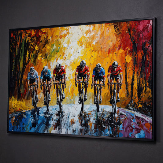 Autumn Cycling Race Canvas Print shown in black floating frame