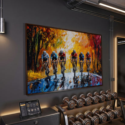 Autumn Cycling Race Canvas Print in dark walnut floating frame