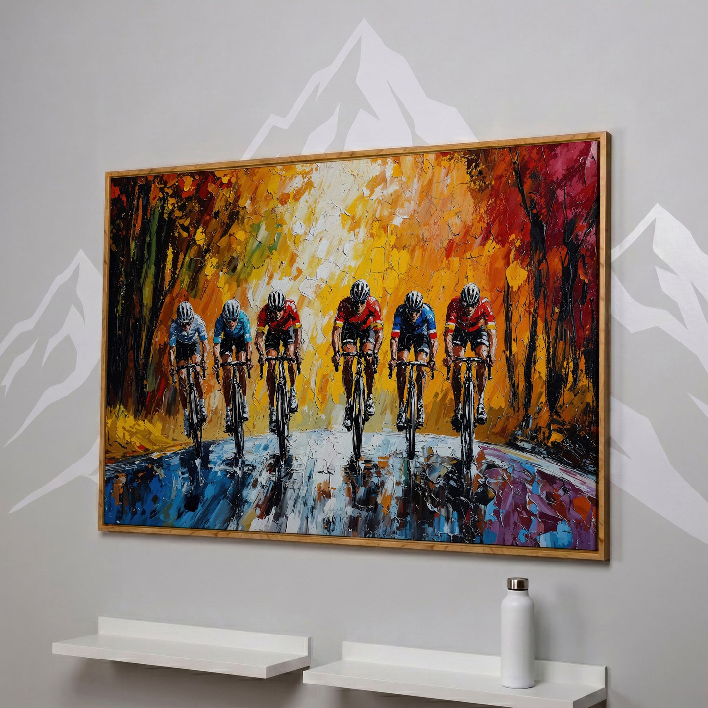 Autumn Cycling Race Canvas Print in white oak floating frame