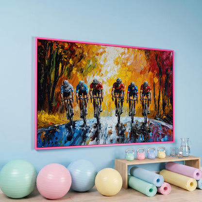 Autumn Cycling Race Canvas Print in pink floating frame