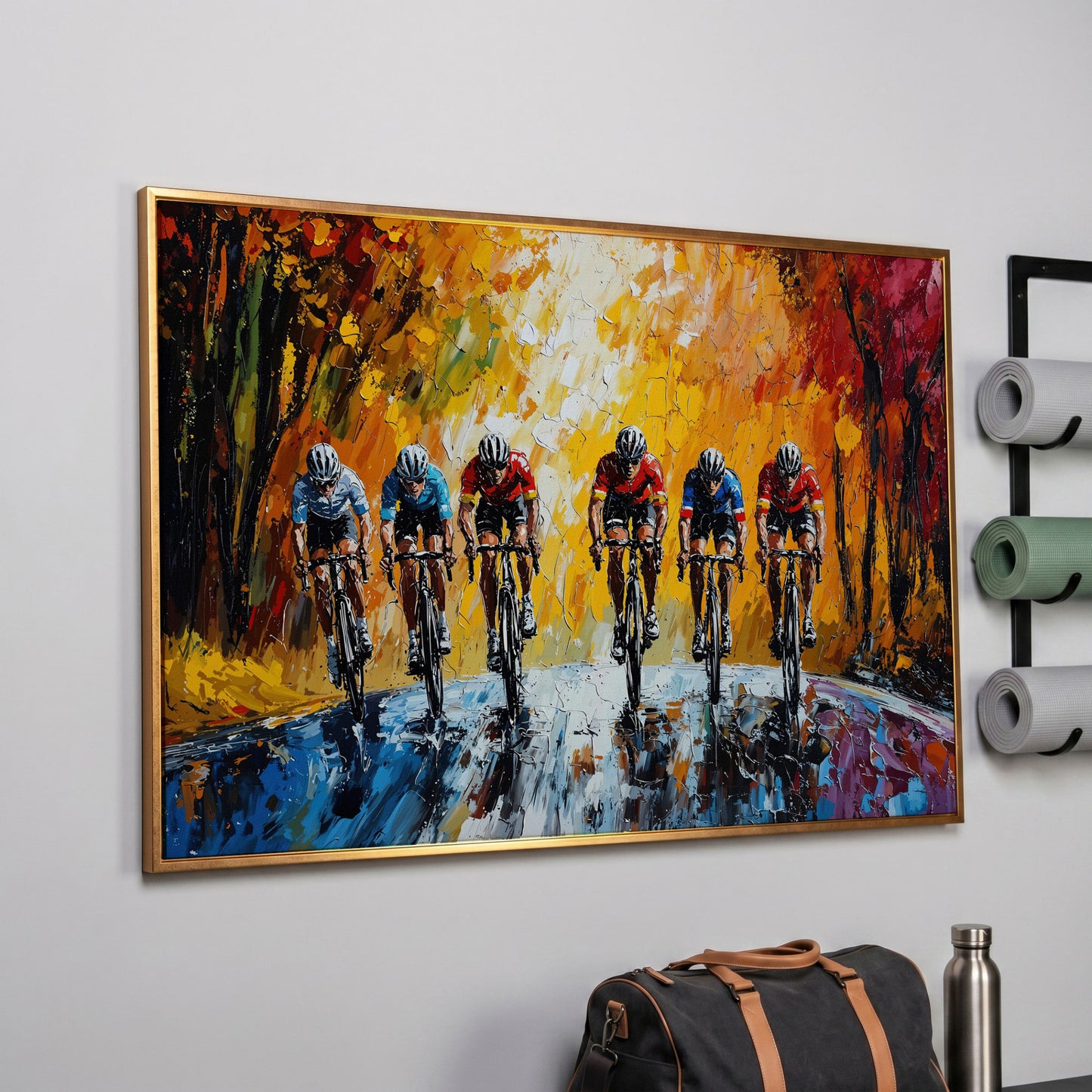 Autumn Cycling Race Canvas Print in rose gold floating frame