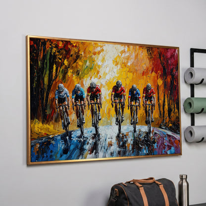 Autumn Cycling Race Canvas Print in rose gold floating frame