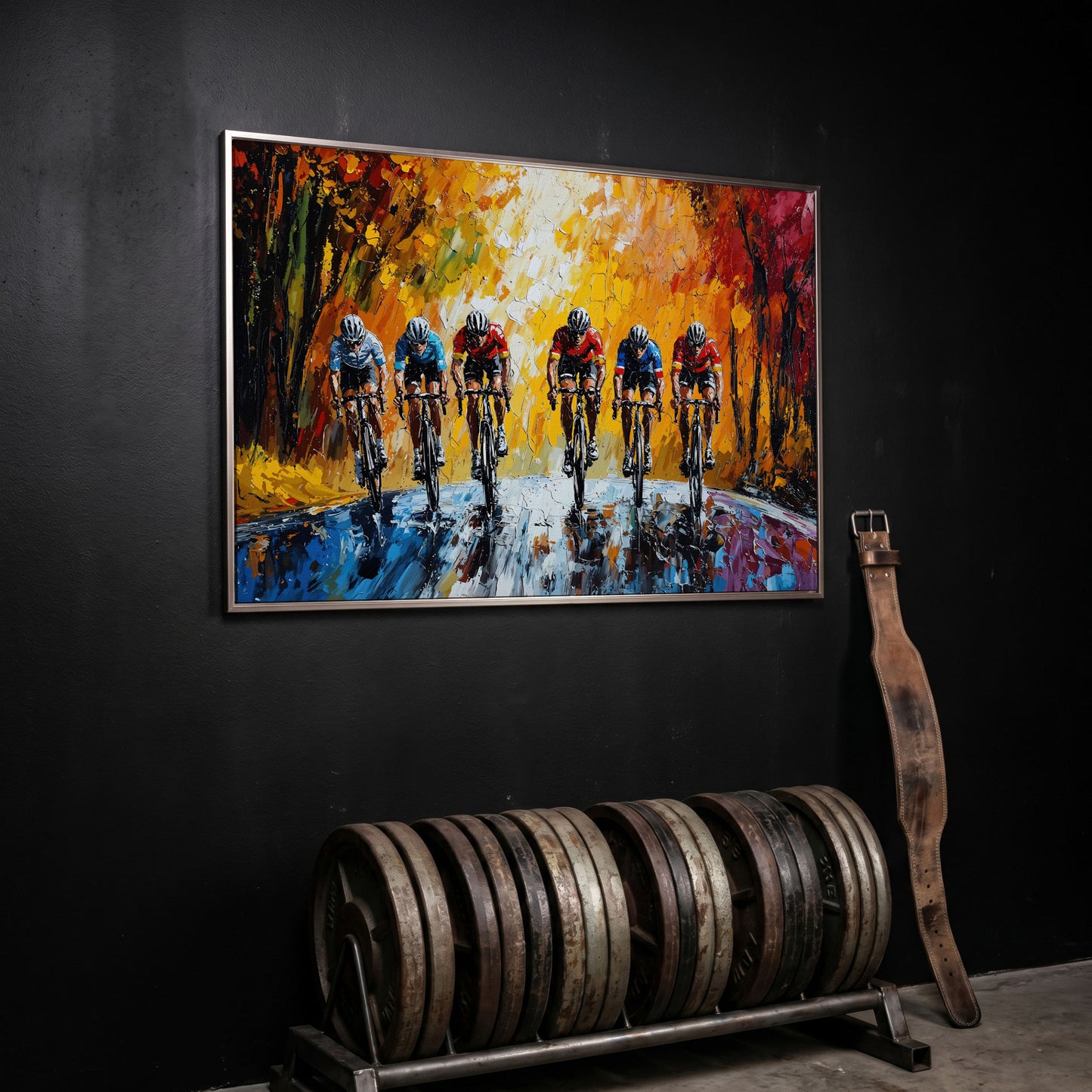 Autumn Cycling Race Canvas Print in silver floating frame