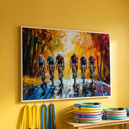 Autumn Cycling Race Canvas Print in white floating frame