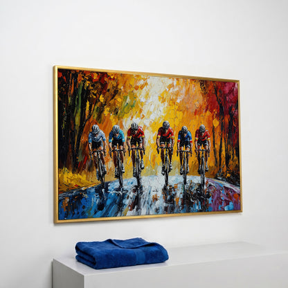 Autumn Cycling Race Canvas Print in yellow gold floating frame
