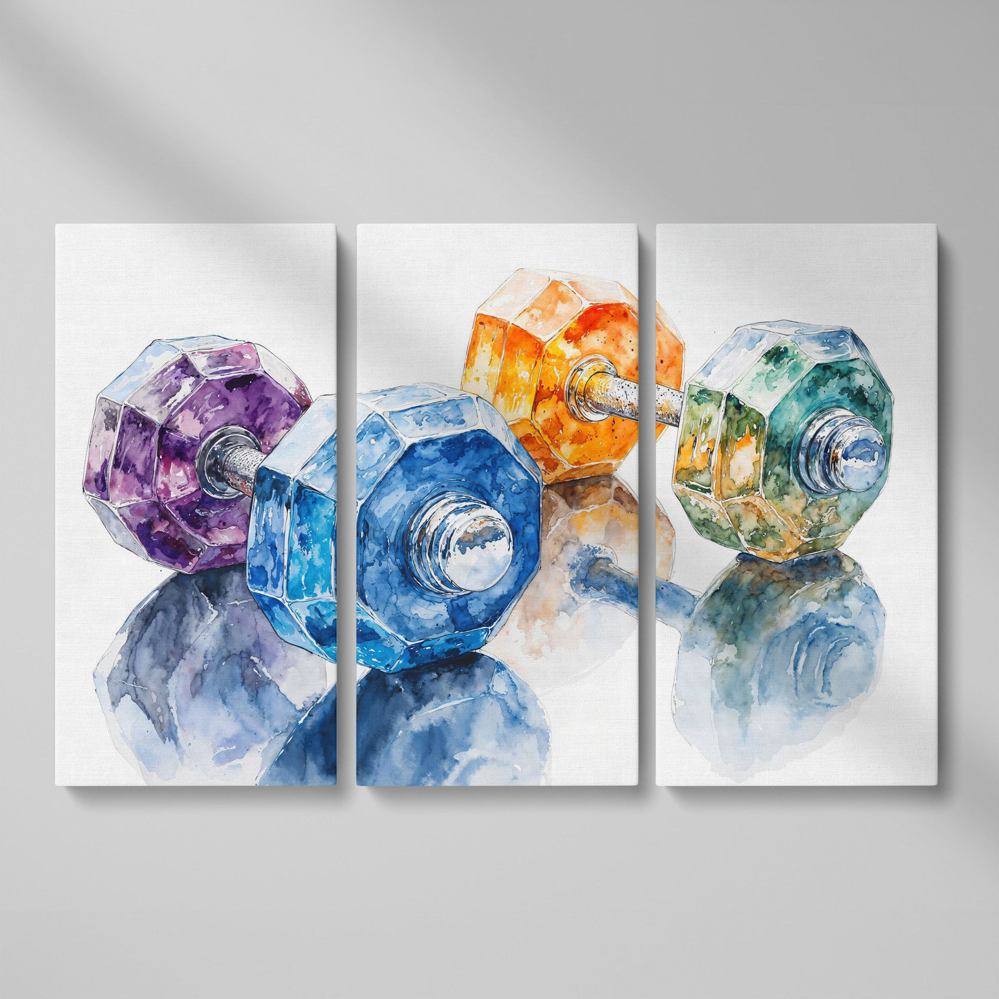 Watercolor Dumbbells Canvas Print for Home Gyms as 3-panel split version