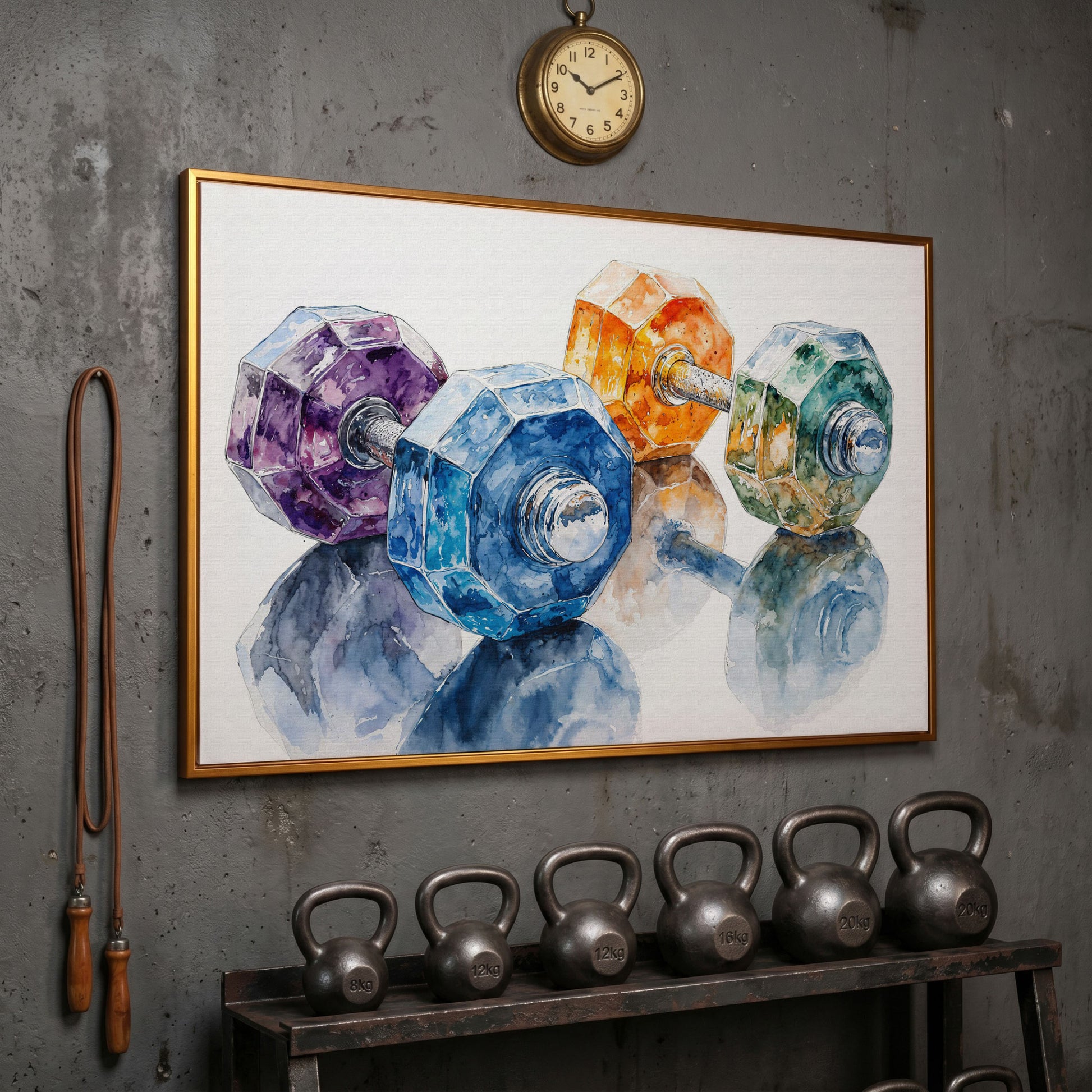 Watercolor Dumbbells Canvas Print for Home Gyms in antique gold floating frame