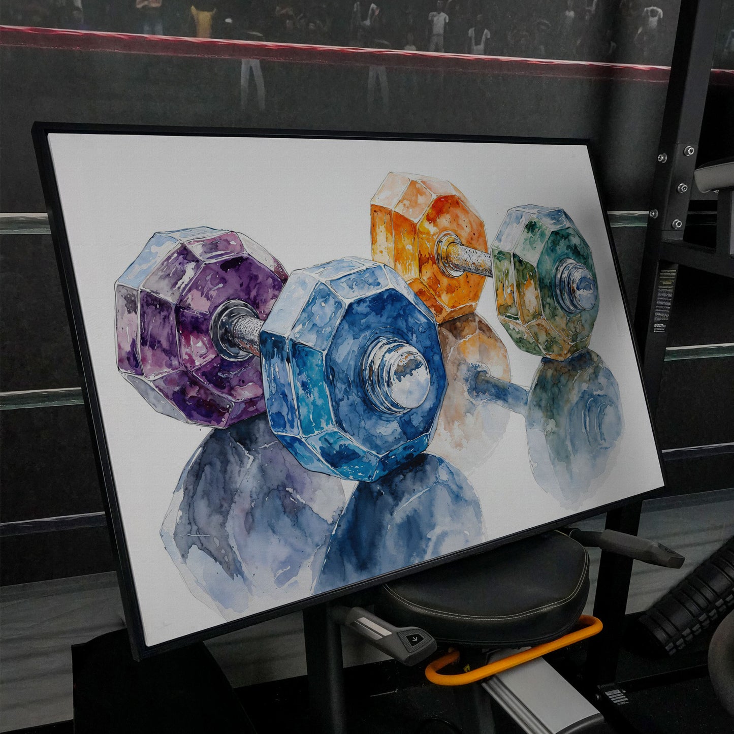 Watercolor Dumbbells Canvas Print for Home Gyms in black floating frame