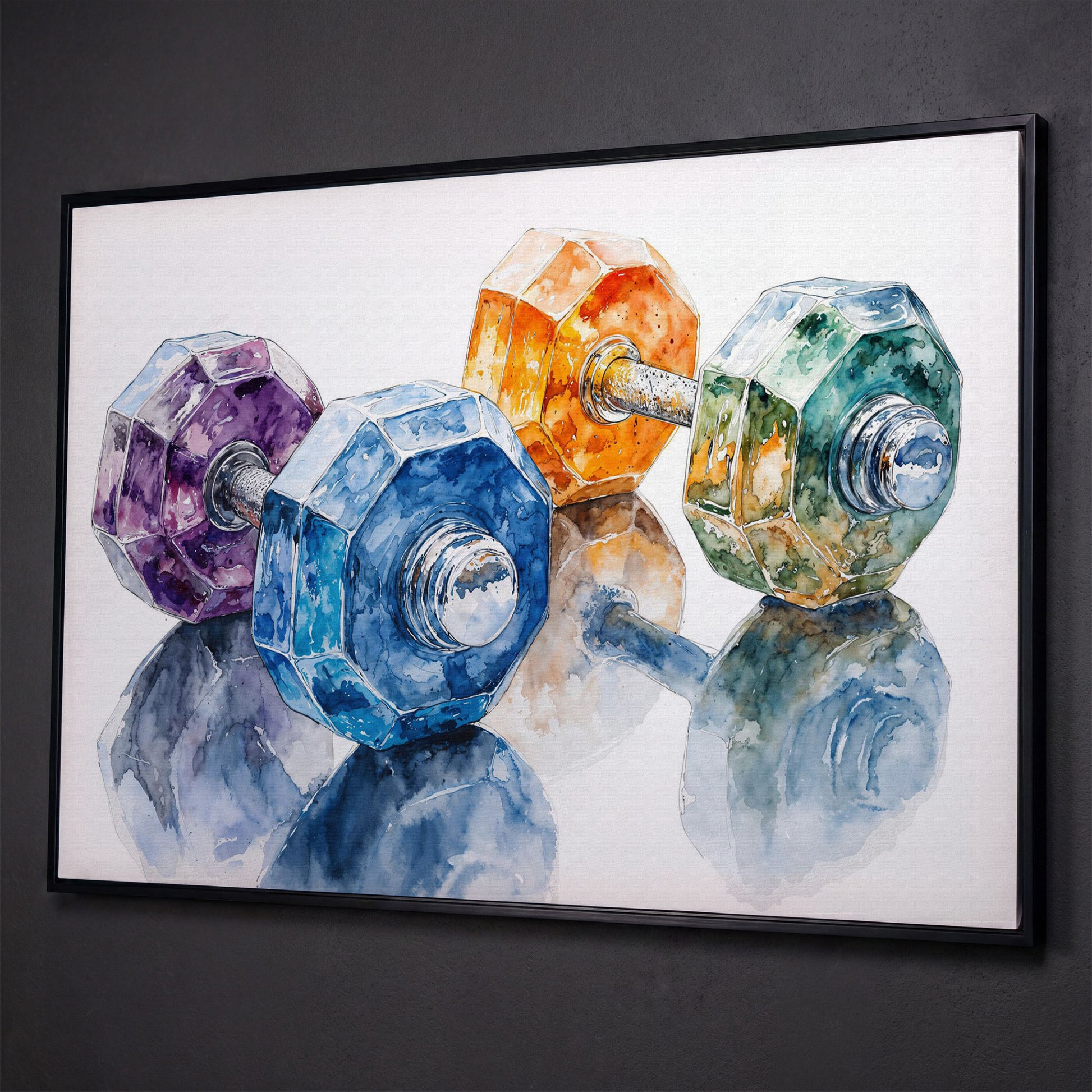 Watercolor Dumbbells Canvas Print for Home Gyms shown in black floating frame