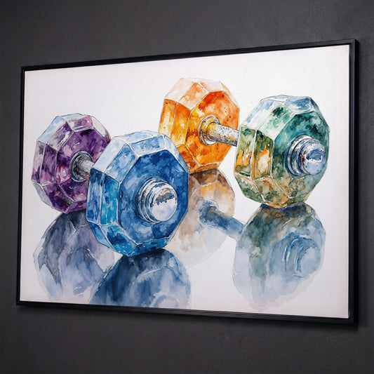 Watercolor Dumbbells Canvas Print for Home Gyms shown in black floating frame