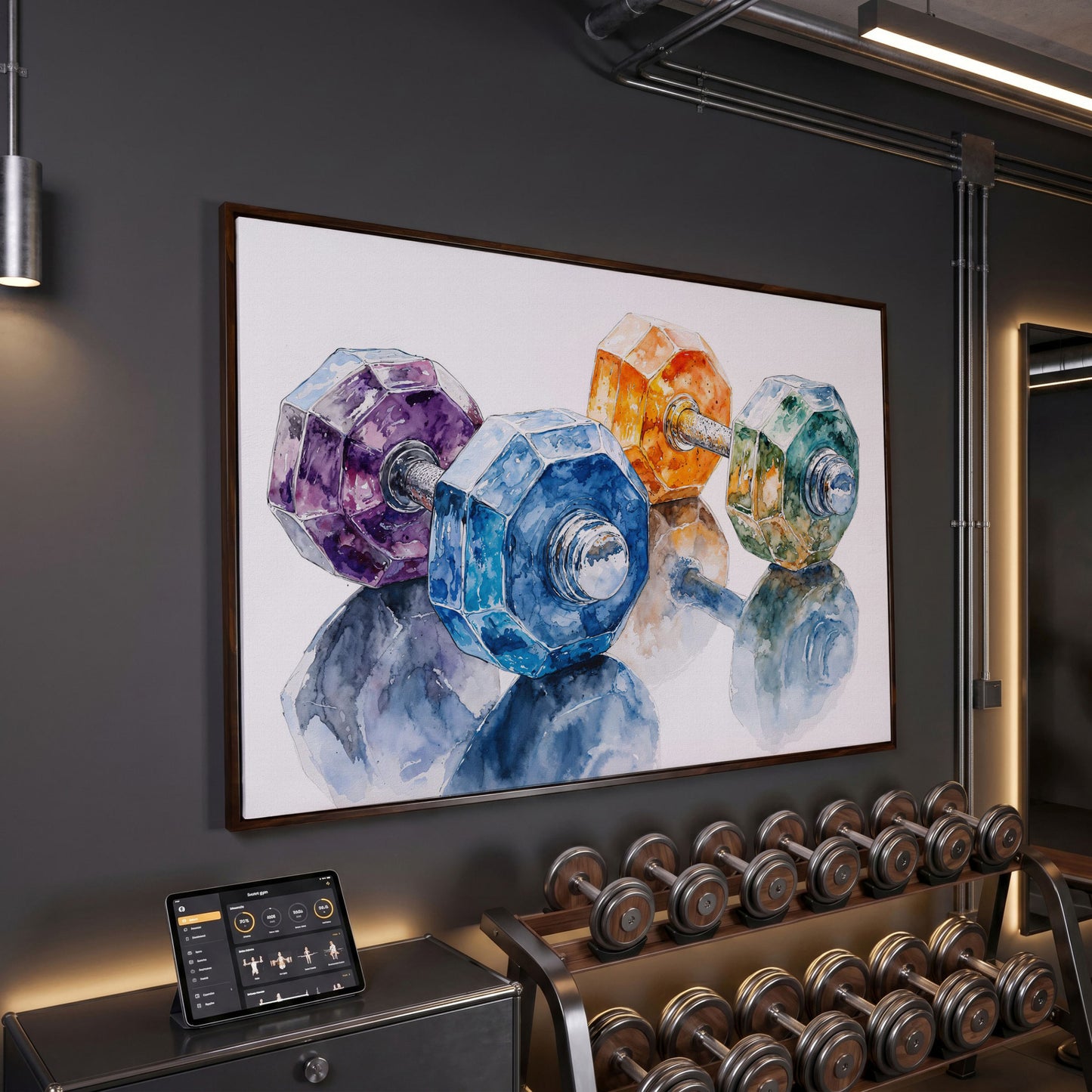 Watercolor Dumbbells Canvas Print for Home Gyms in dark walnut floating frame