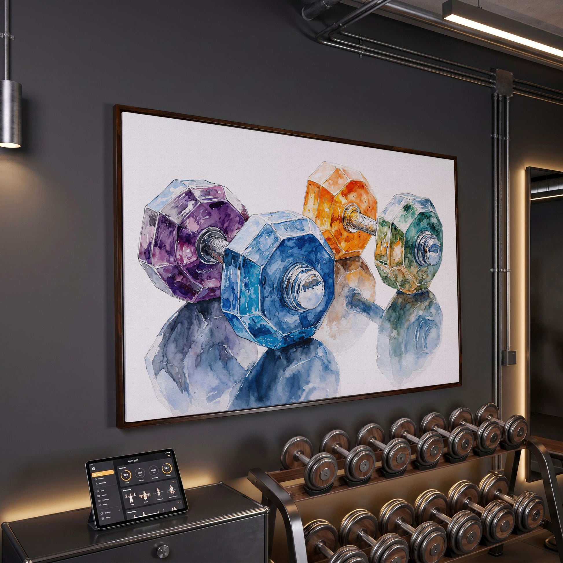 Watercolor Dumbbells Canvas Print for Home Gyms in dark walnut floating frame