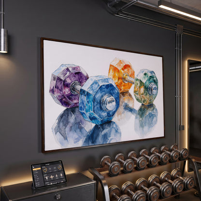 Watercolor Dumbbells Canvas Print for Home Gyms in dark walnut floating frame