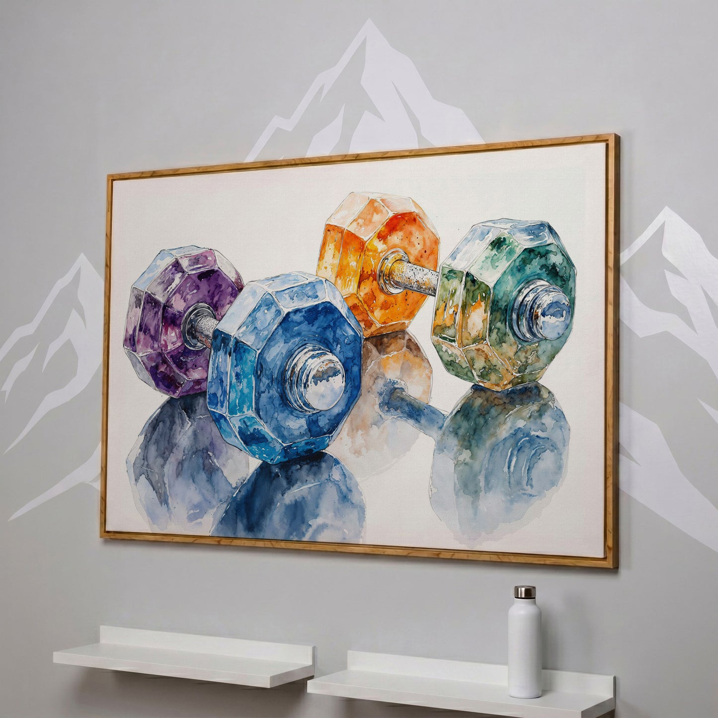 Watercolor Dumbbells Canvas Print for Home Gyms in white oak floating frame