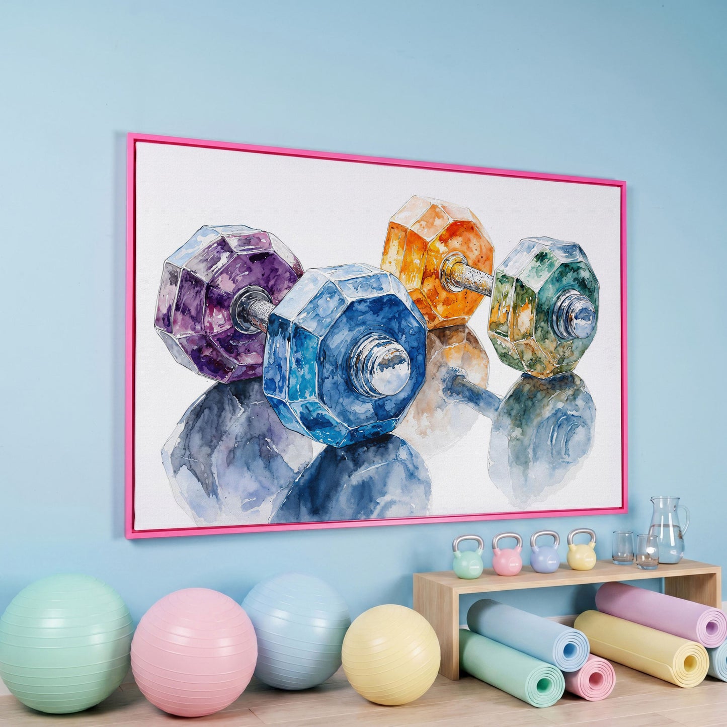 Watercolor Dumbbells Canvas Print for Home Gyms in pink floating frame