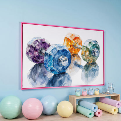 Watercolor Dumbbells Canvas Print for Home Gyms in pink floating frame