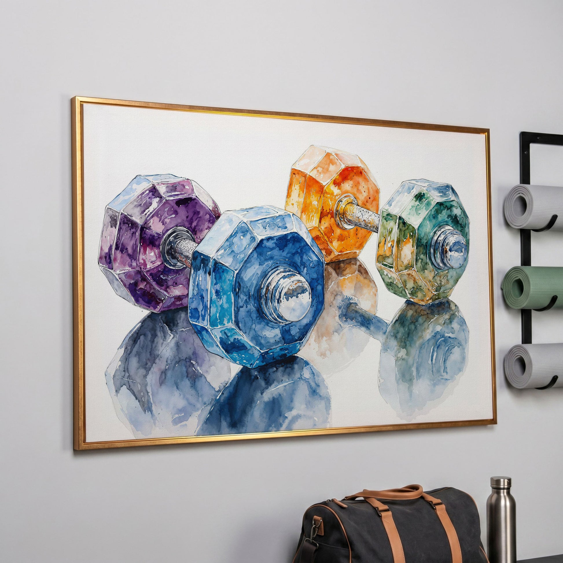 Watercolor Dumbbells Canvas Print for Home Gyms in rose gold floating frame