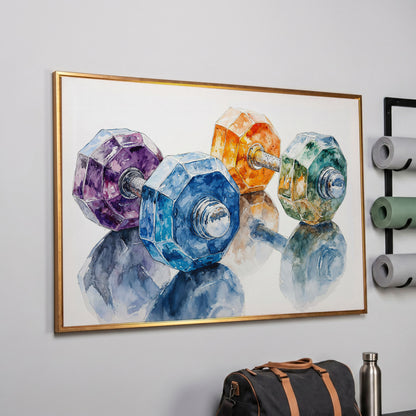 Watercolor Dumbbells Canvas Print for Home Gyms in rose gold floating frame