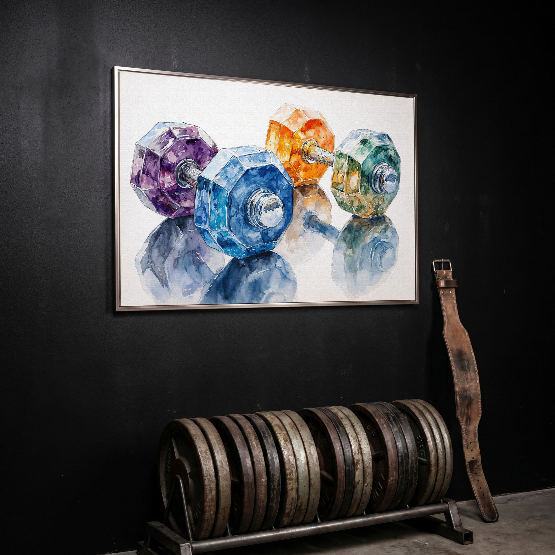 Watercolor Dumbbells Canvas Print for Home Gyms in silver floating frame