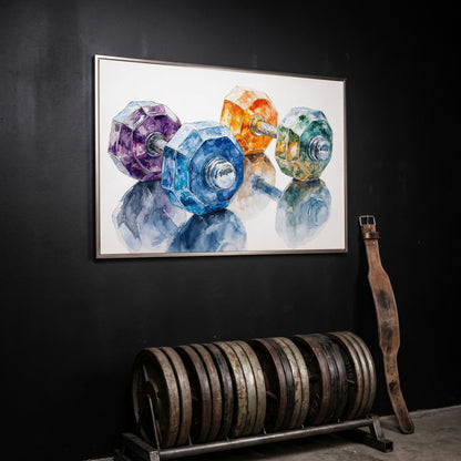 Watercolor Dumbbells Canvas Print for Home Gyms in silver floating frame