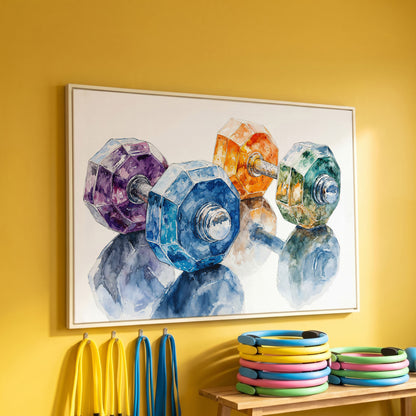 Watercolor Dumbbells Canvas Print for Home Gyms in white floating frame