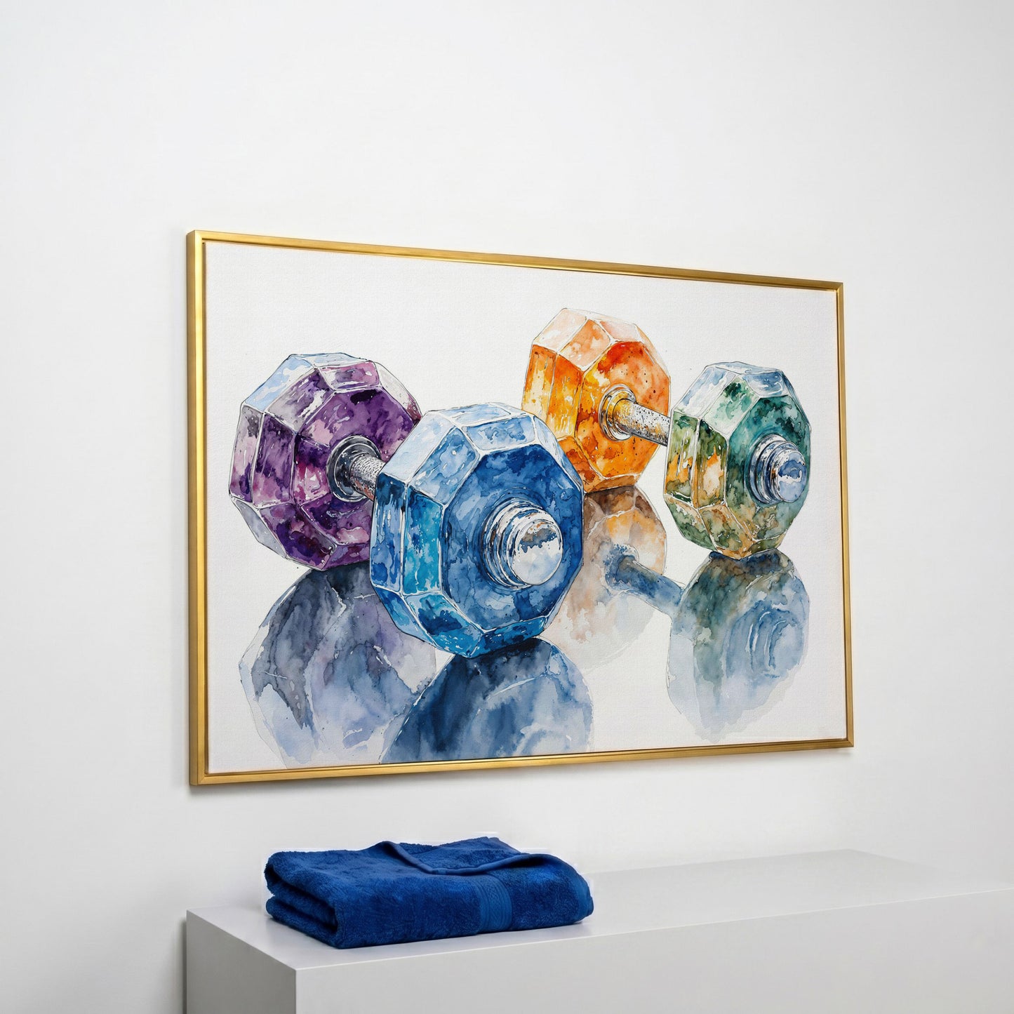 Watercolor Dumbbells Canvas Print for Home Gyms in yellow gold floating frame