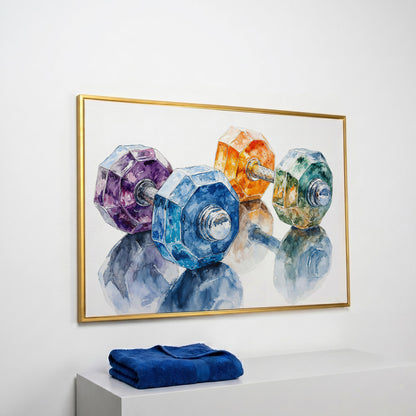 Watercolor Dumbbells Canvas Print for Home Gyms in yellow gold floating frame