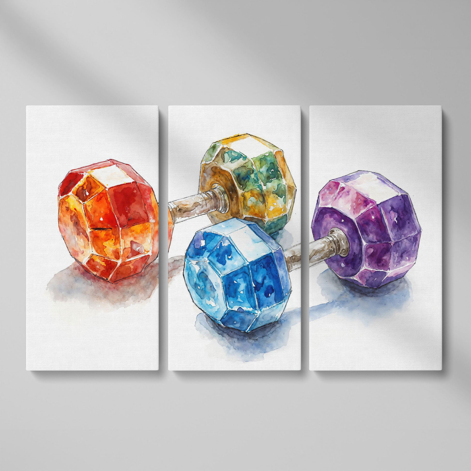 Vibrant Dumbbells Canvas Print for Gym Decor as 3-panel split version