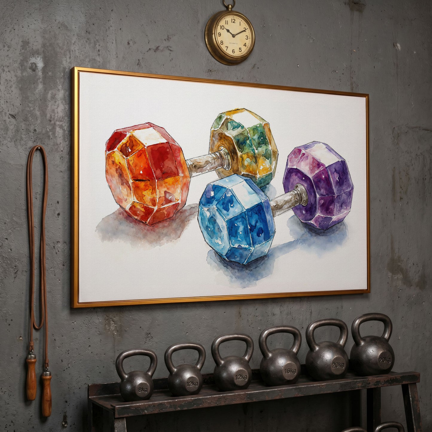 Vibrant Dumbbells Canvas Print for Gym Decor in antique gold floating frame