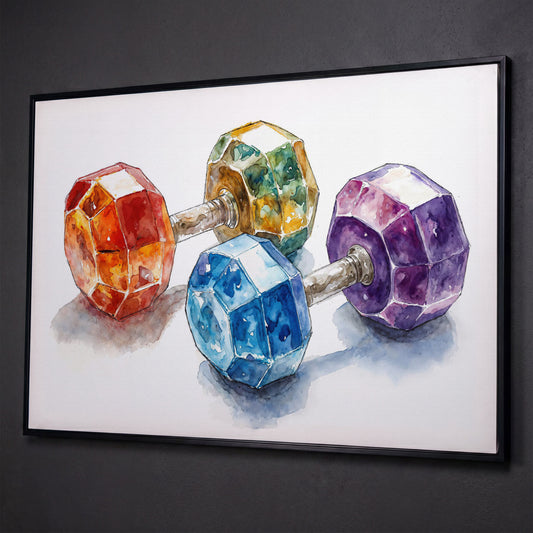 Vibrant Dumbbells Canvas Print for Gym Decor shown in black floating frame