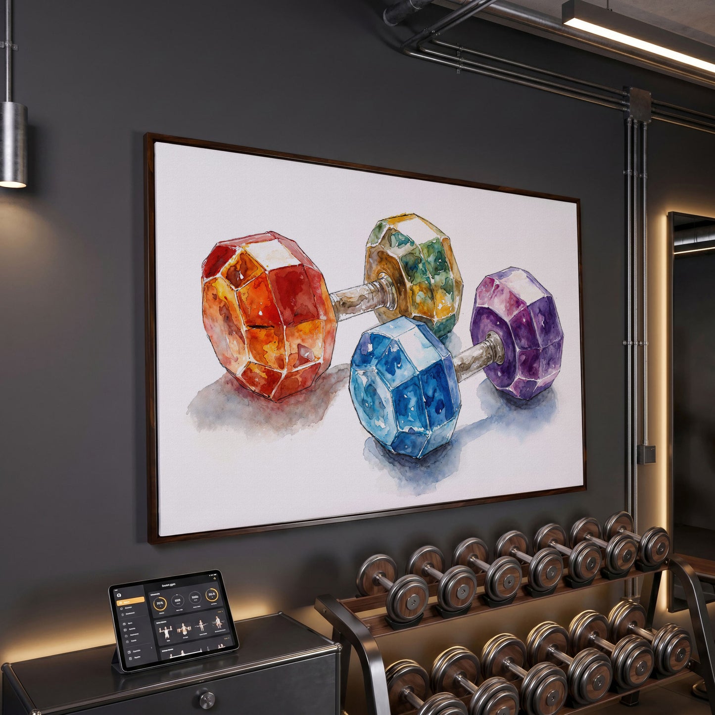 Vibrant Dumbbells Canvas Print for Gym Decor in dark walnut floating frame