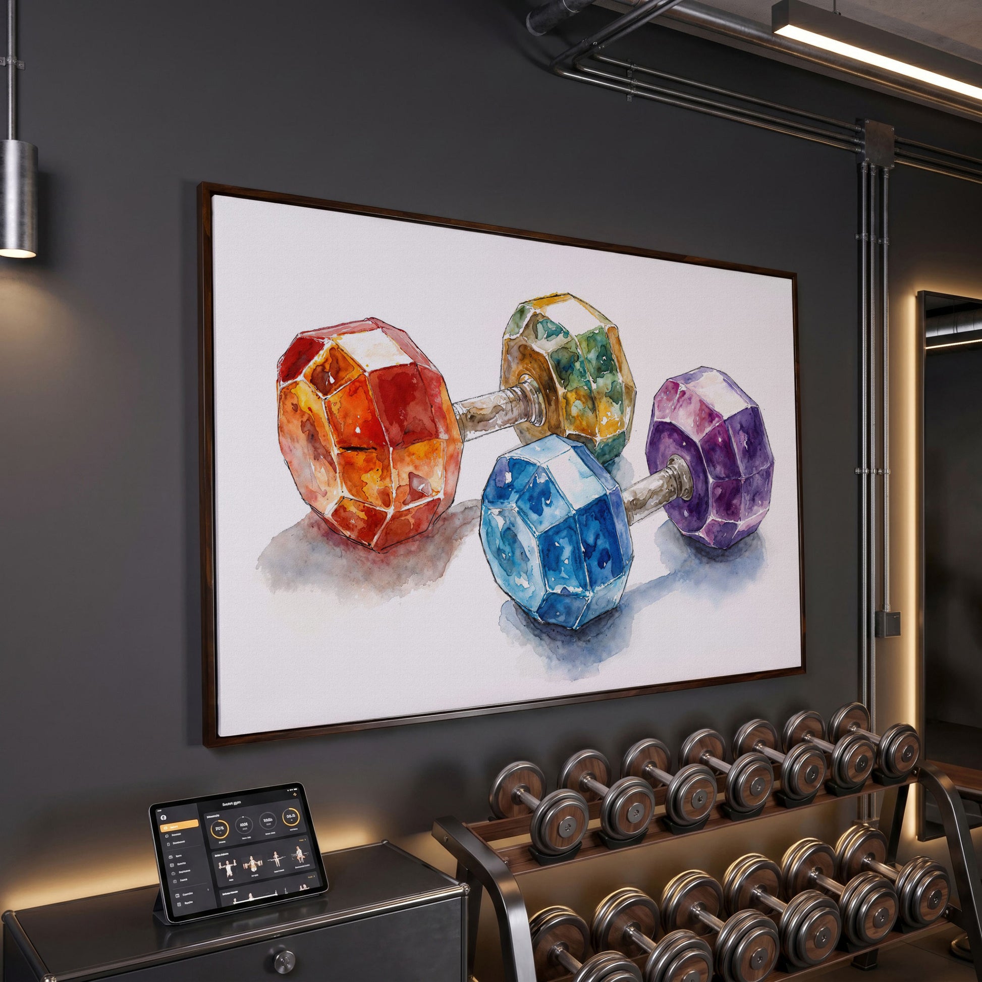 Vibrant Dumbbells Canvas Print for Gym Decor in dark walnut floating frame